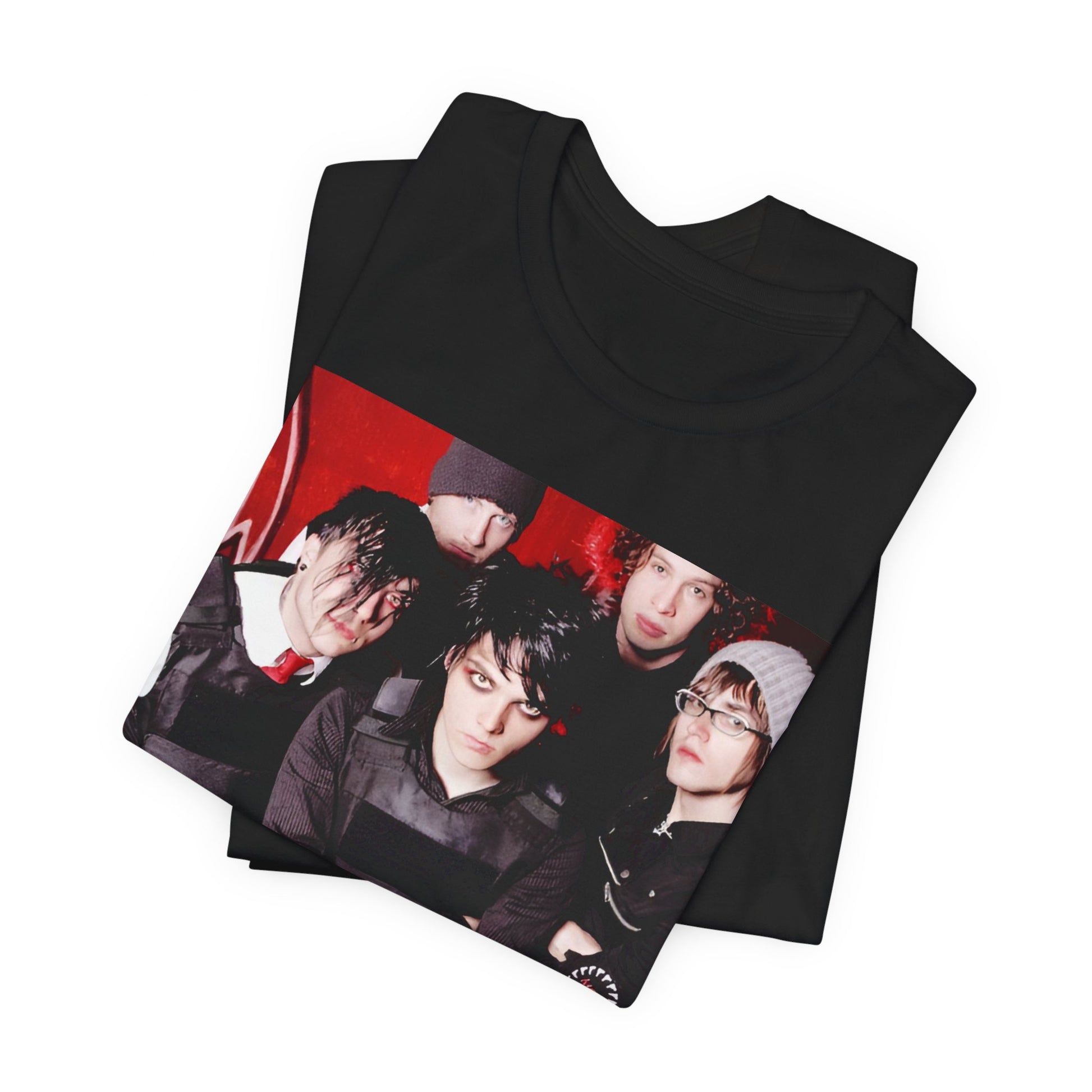 A black graphic t-shirt featuring a boxy graphic related to My Chemical Romance's 'Black Parade' album era.