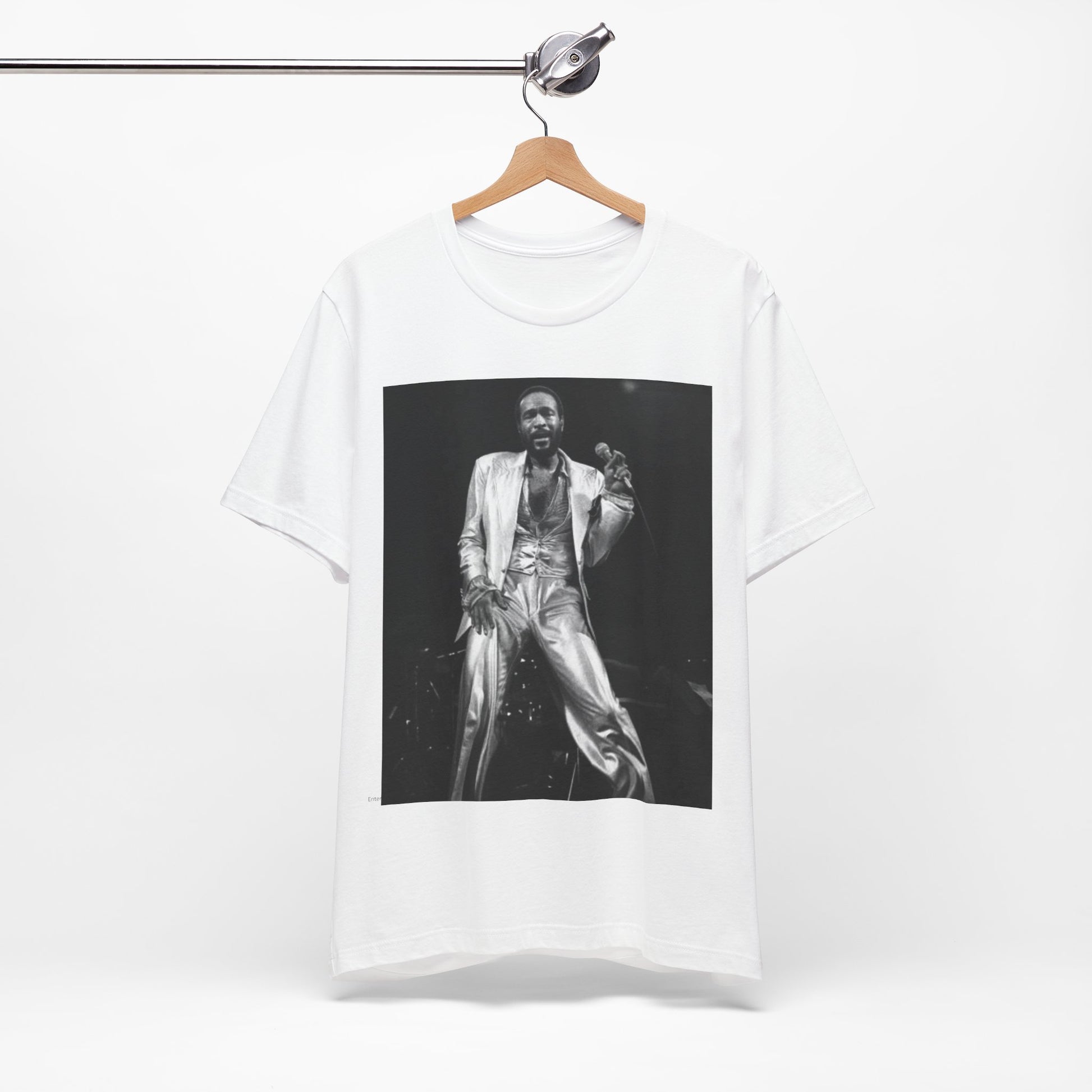 A black graphic t-shirt featuring a live graphic related to Marvin Gaye's 'Sexual Healing' song or era.