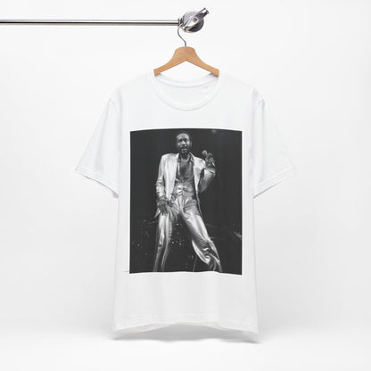 A black graphic t-shirt featuring a live graphic related to Marvin Gaye's 'Sexual Healing' song or era.