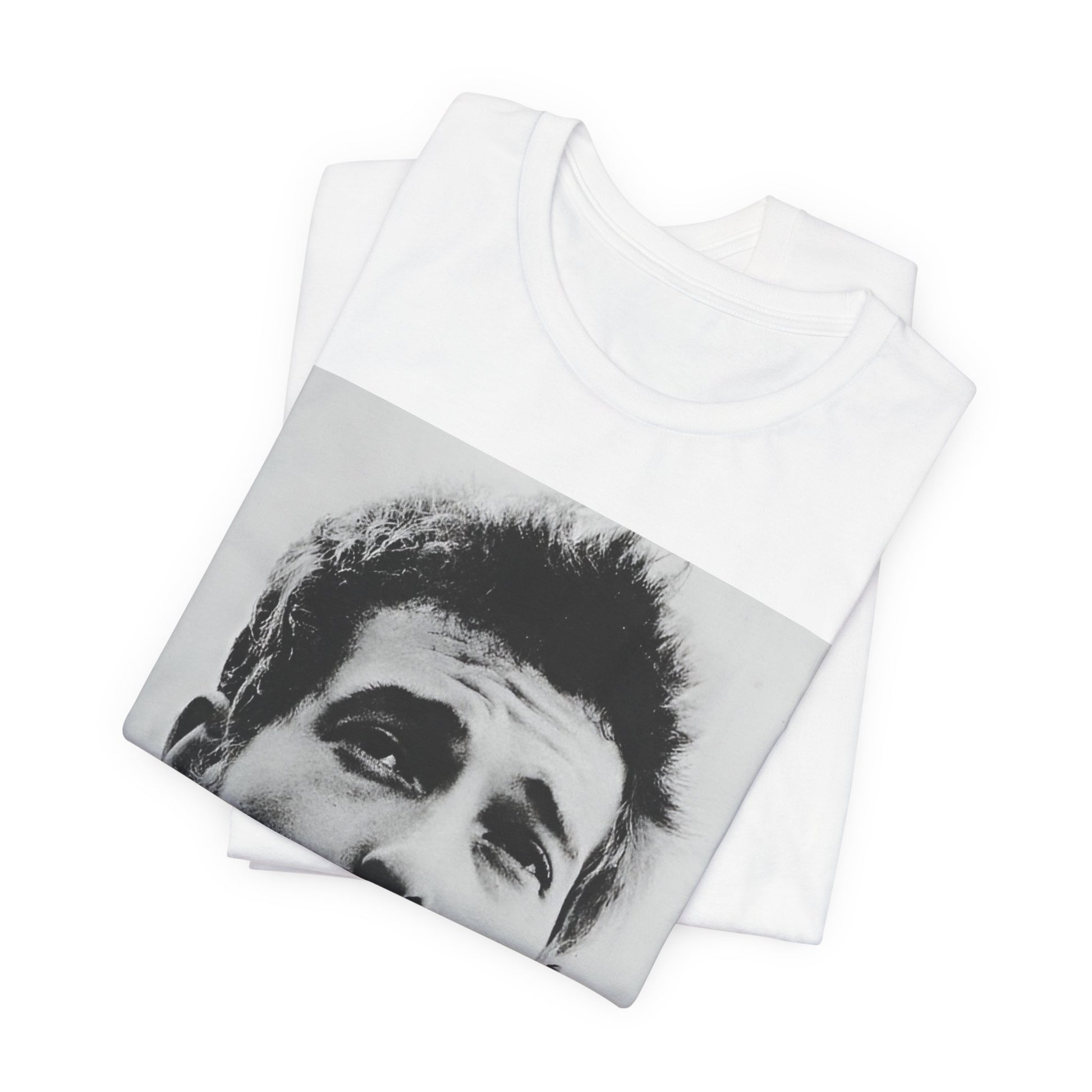 A black graphic t-shirt featuring a retro black and white folk iconic graphic of Bob Dylan.