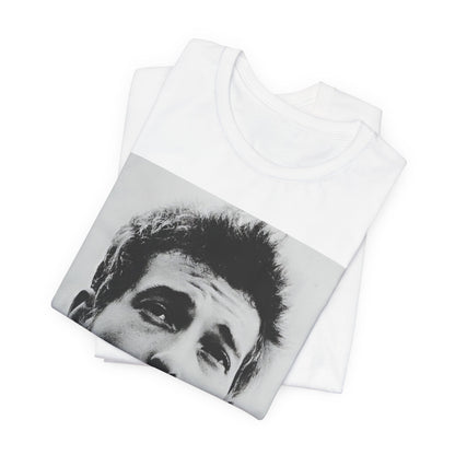 A black graphic t-shirt featuring a retro black and white folk iconic graphic of Bob Dylan.