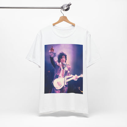 A black graphic t-shirt featuring a boxy graphic with a 'Purple Rain' vibe related to Prince.