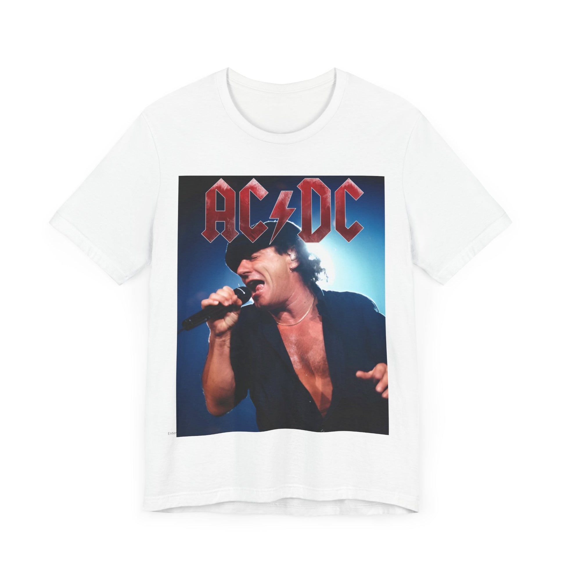 A graphic of AC/DC's lead singer, Brian Johnson, performing with powerhouse energy live on stage, printed on a t-shirt.