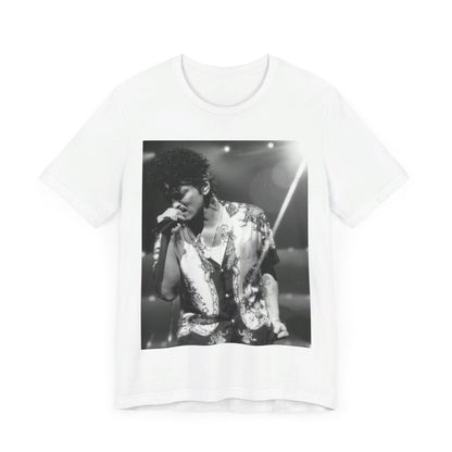 A black graphic t-shirt featuring a retro-style graphic of Bruno Mars as a soul icon.