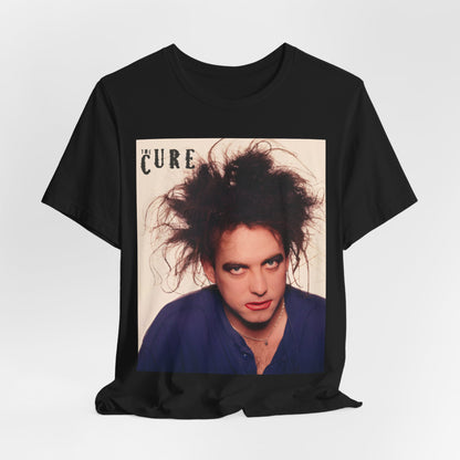 A black graphic t-shirt featuring a photo portrait of Robert Smith from The Cure.