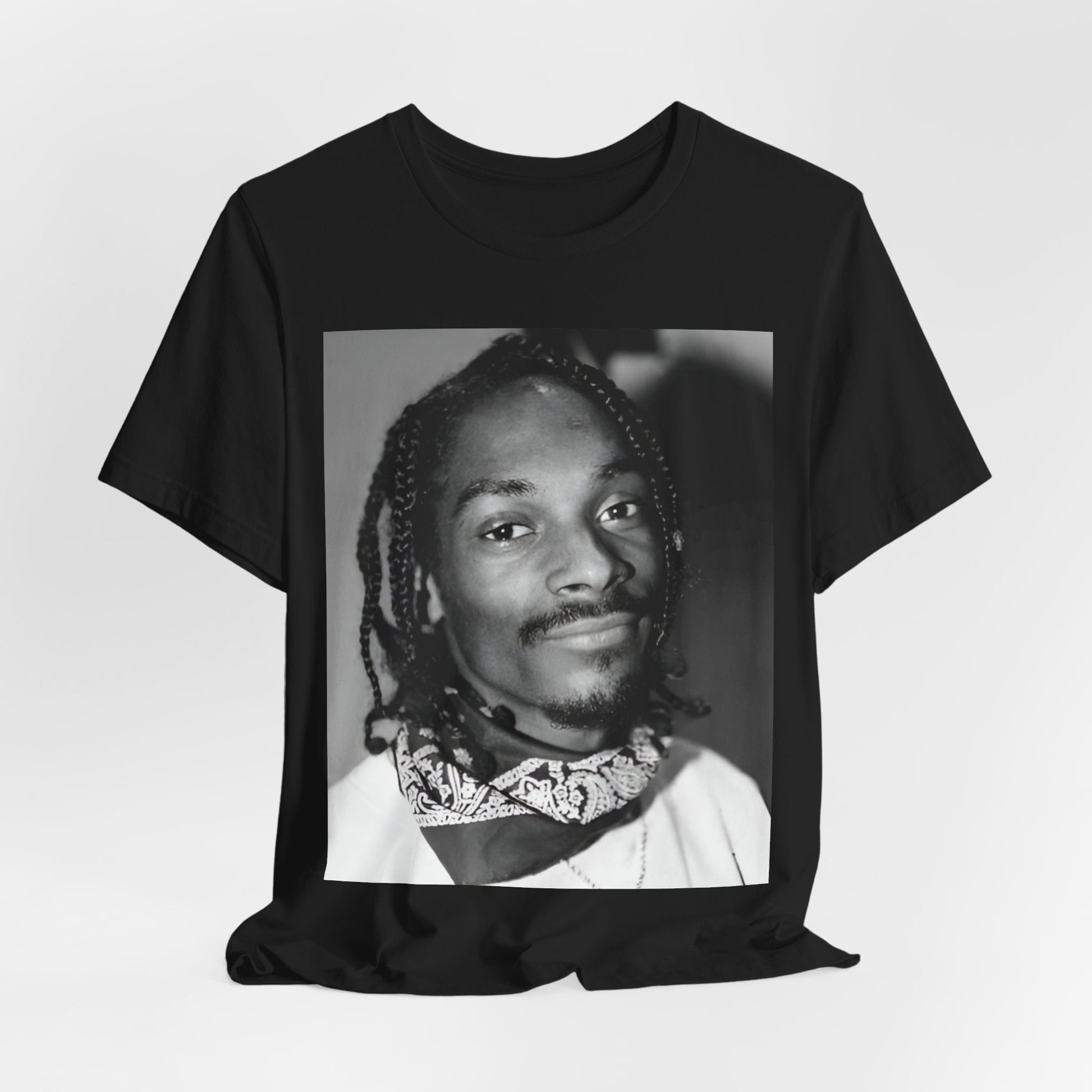 A black graphic t-shirt featuring a modern rap essential graphic of Snoop Dogg.