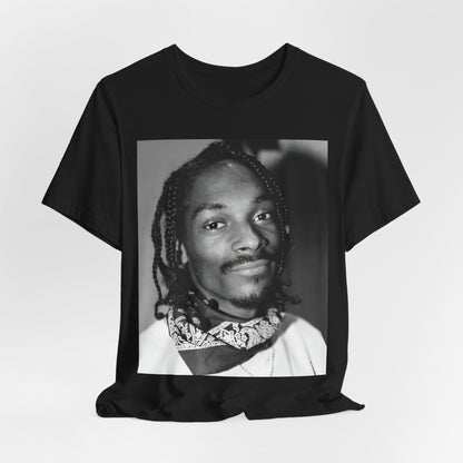 A black graphic t-shirt featuring a modern rap essential graphic of Snoop Dogg.