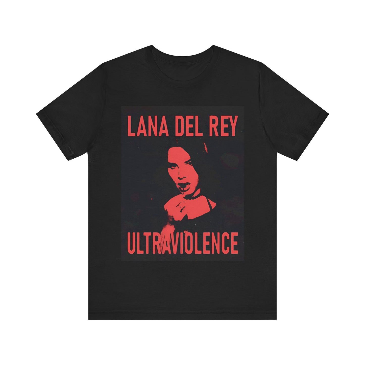 A high-contrast, red and black graphic for Lana Del Rey's album 'Ultraviolence', printed on a t-shirt.