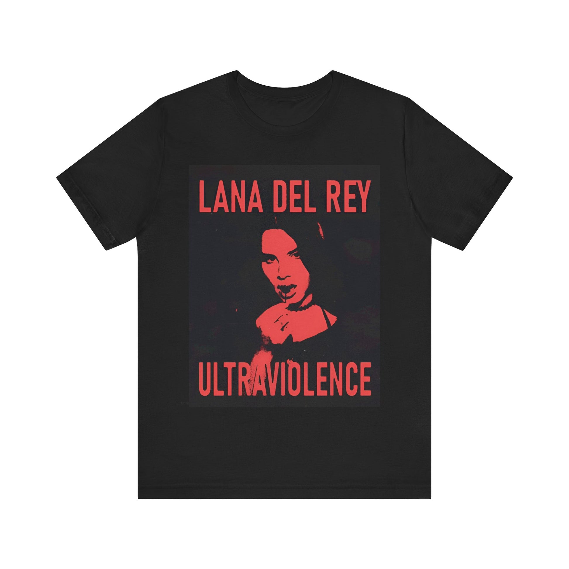 A high-contrast, red and black graphic for Lana Del Rey's album 'Ultraviolence', printed on a t-shirt.