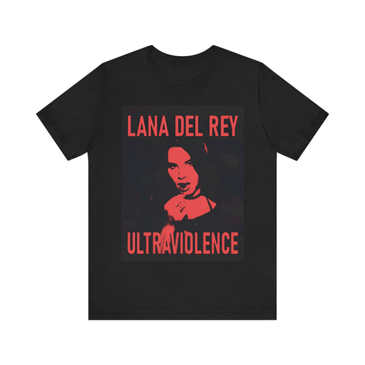A high-contrast, red and black graphic for Lana Del Rey's album 'Ultraviolence', printed on a t-shirt.
