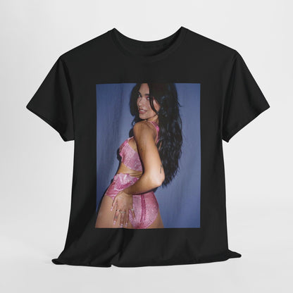 A black graphic t-shirt featuring a glamorous graphic of Dua Lipa, evoking her "Future Nostalgia" era.