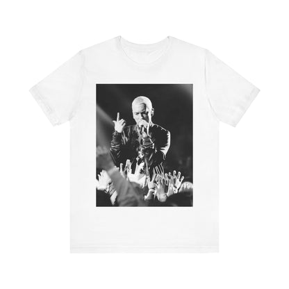 A black graphic t-shirt featuring a graphic or photo of Eminem performing live on stage.