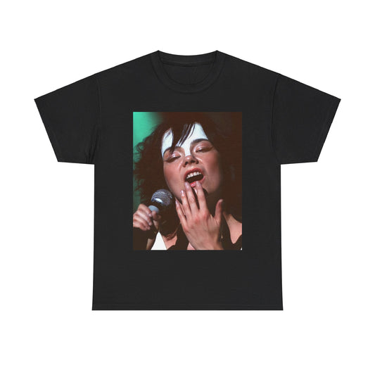 A black graphic t-shirt featuring a graphic of Bjork showcasing her bold and experimental fashion from the 1990s.