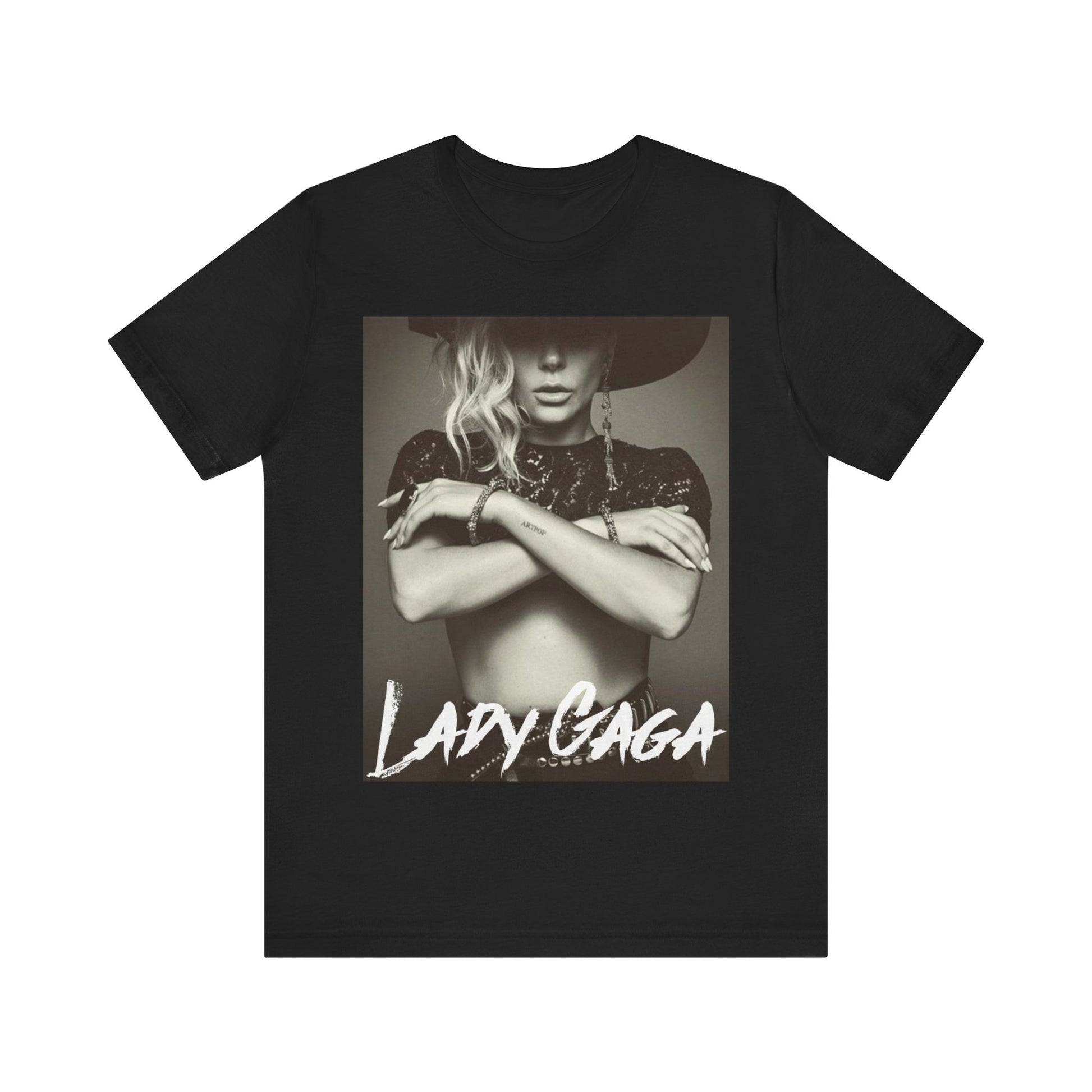 A black graphic t-shirt featuring a bold graphic of Lady Gaga as a pop superstar.