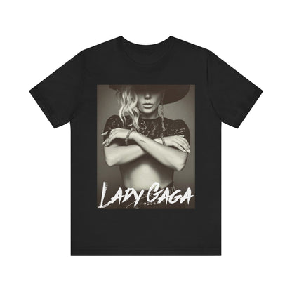 A black graphic t-shirt featuring a bold graphic of Lady Gaga as a pop superstar.