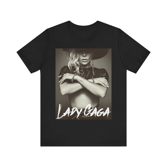 A black graphic t-shirt featuring a bold graphic of Lady Gaga as a pop superstar.