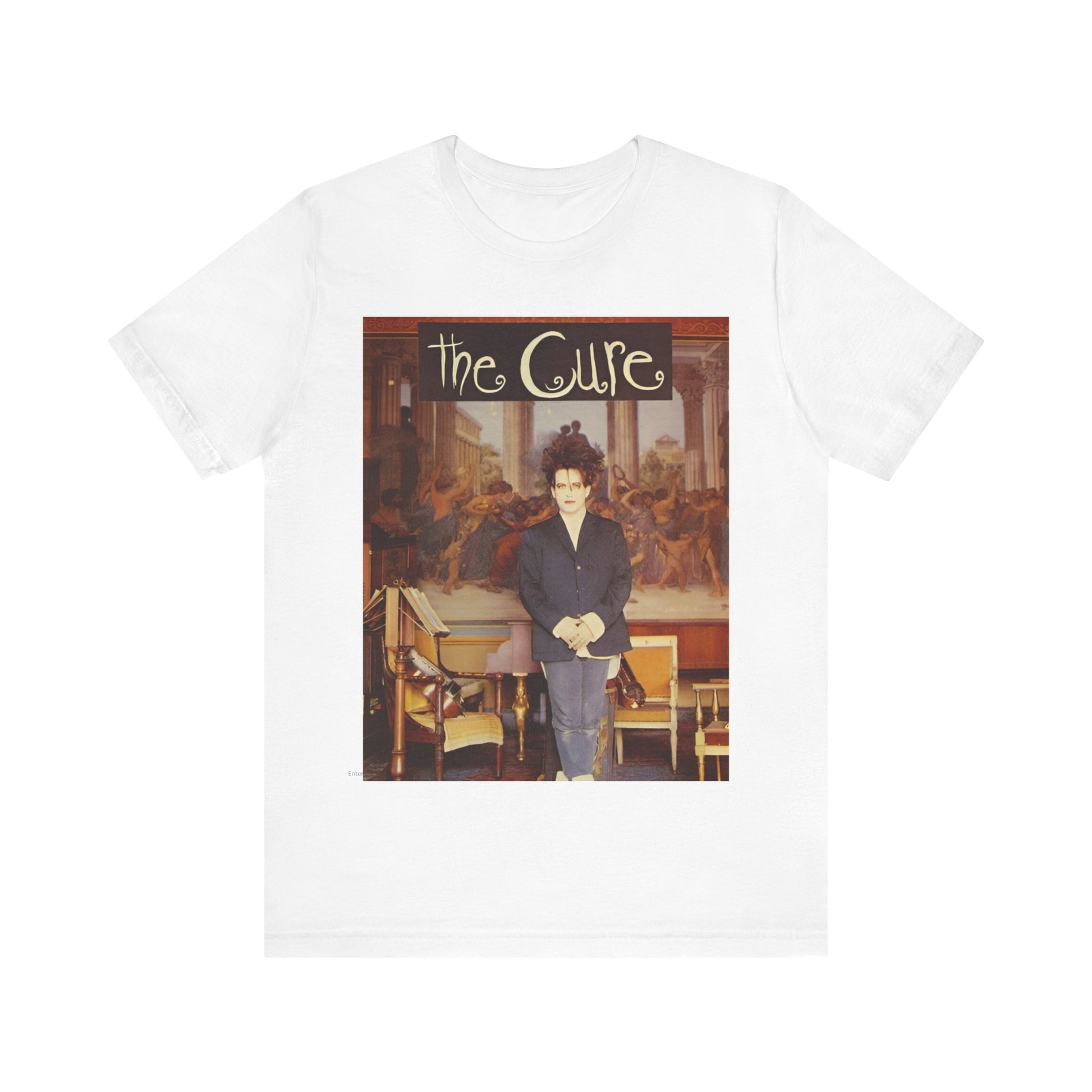A black graphic t-shirt featuring a graphic of Robert Smith from The Cure as a goth icon.