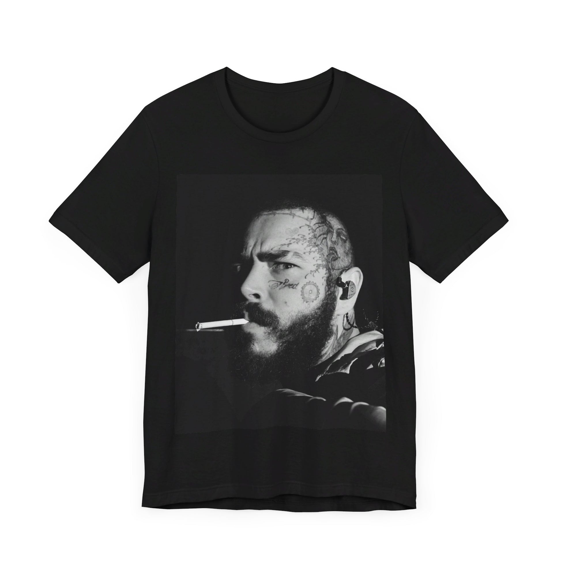 A black graphic t-shirt featuring a black and white portrait graphic of Post Malone.