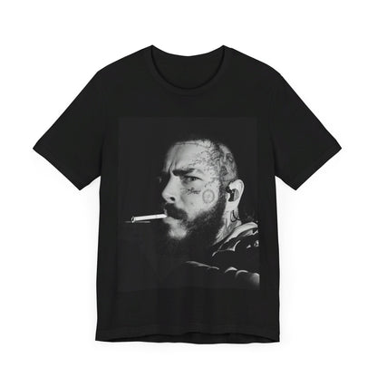 A black graphic t-shirt featuring a black and white portrait graphic of Post Malone.