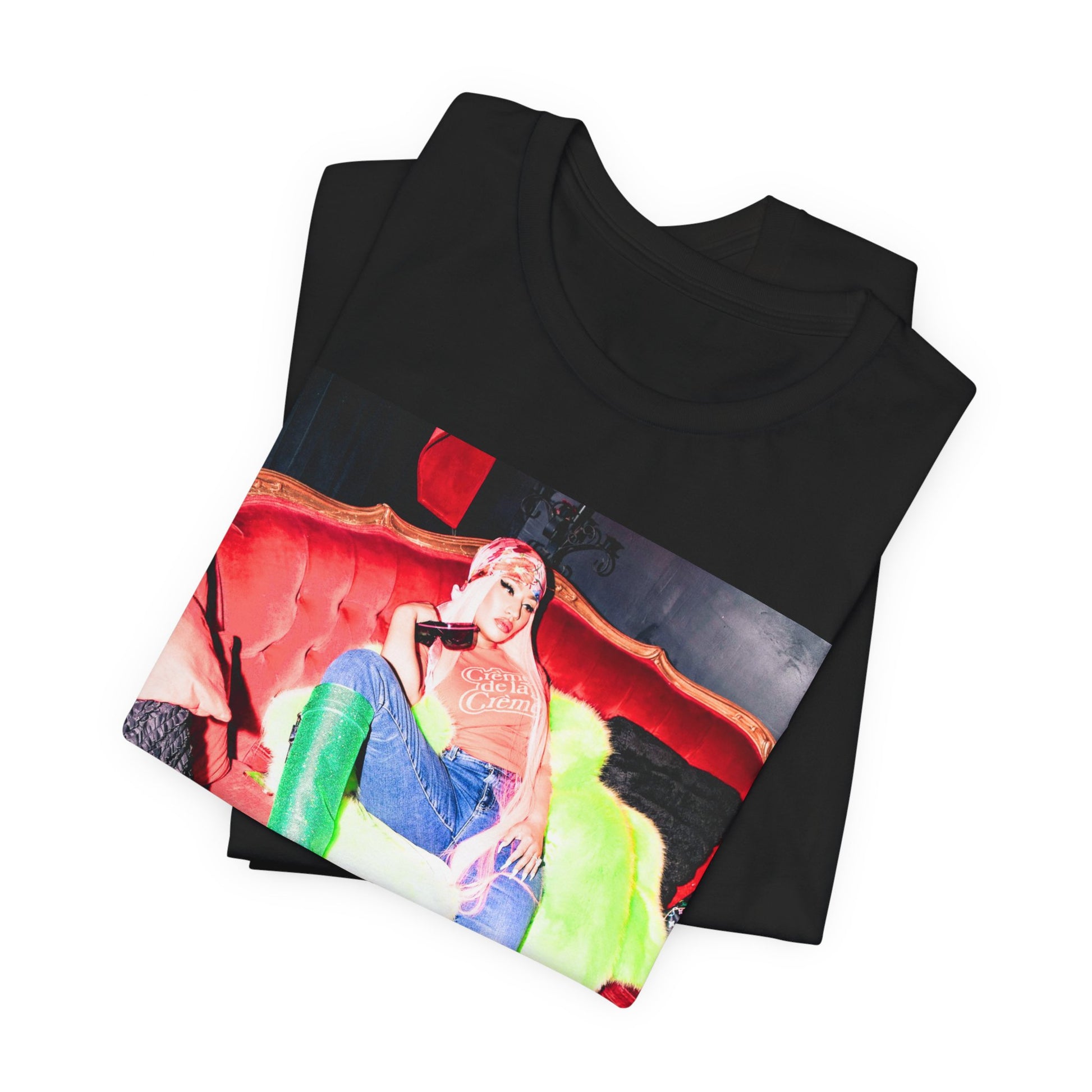 A black graphic t-shirt featuring a retro graphic related to Nicki Minaj's 'Pink Friday' album era.