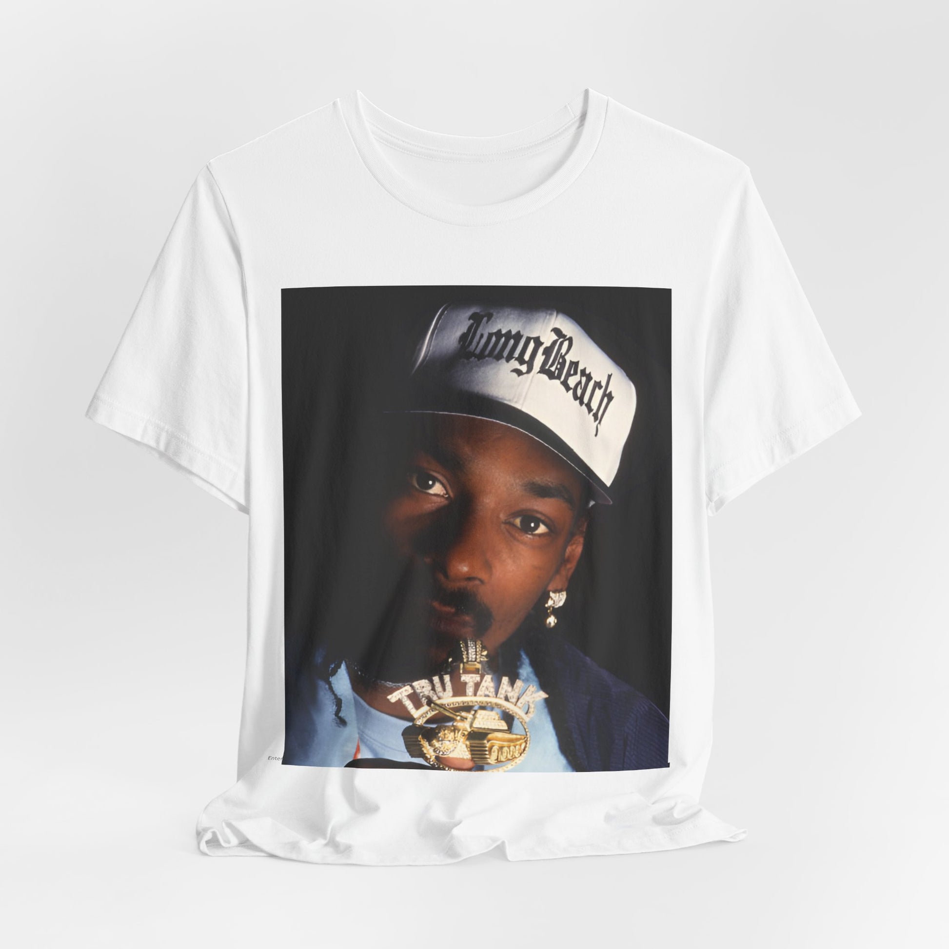 A black graphic t-shirt featuring a graphic of Snoop Dogg as a powerhouse OG rapper.