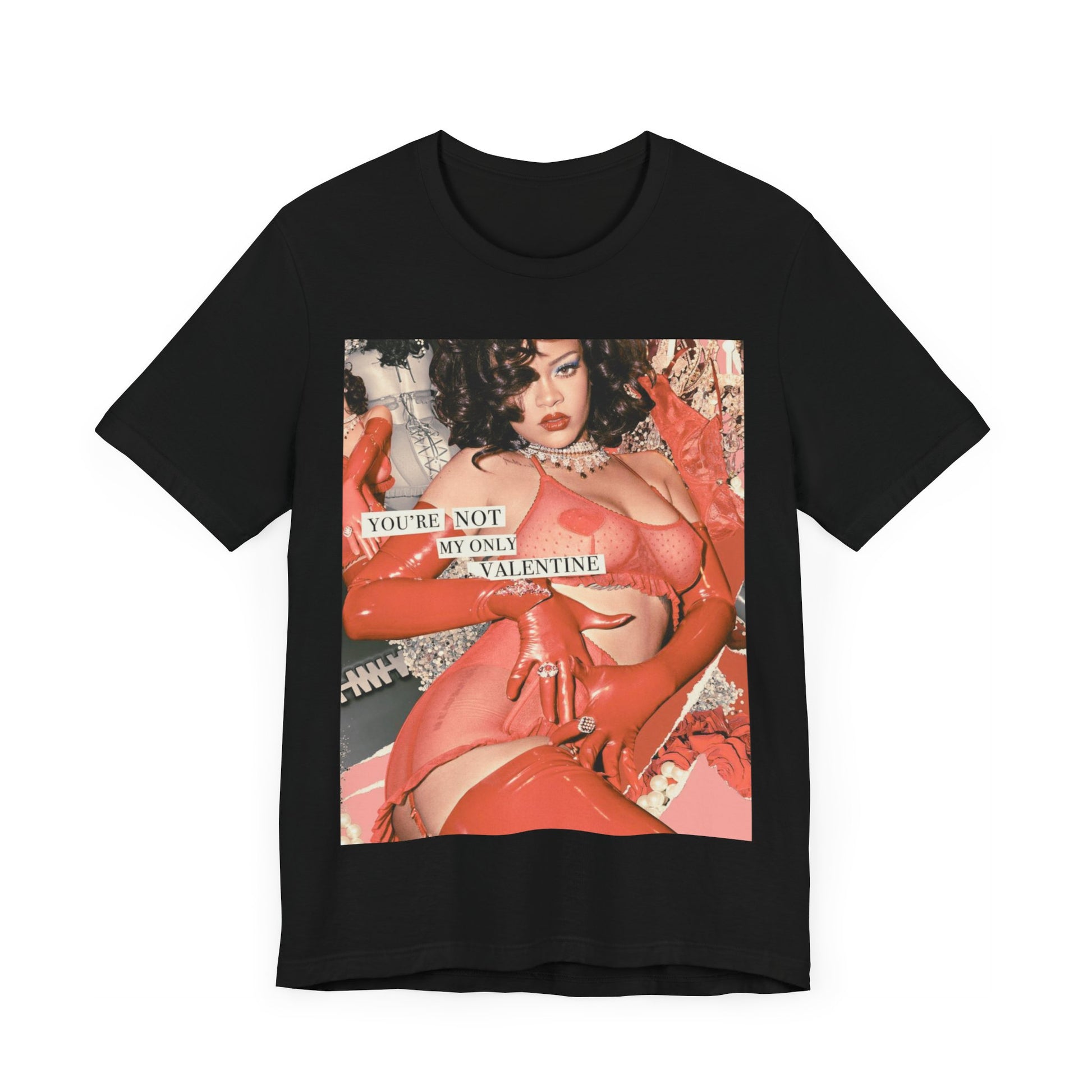 A black graphic t-shirt featuring a graphic of Rihanna with a 'hot valentine' theme.