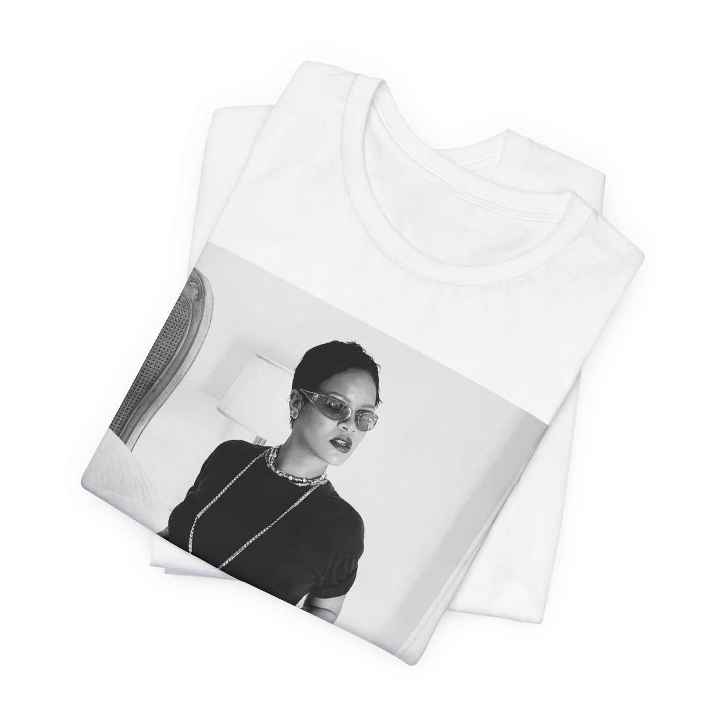 A black graphic t-shirt featuring a black and white graphic related to Rihanna's 'Diamonds' song or era.