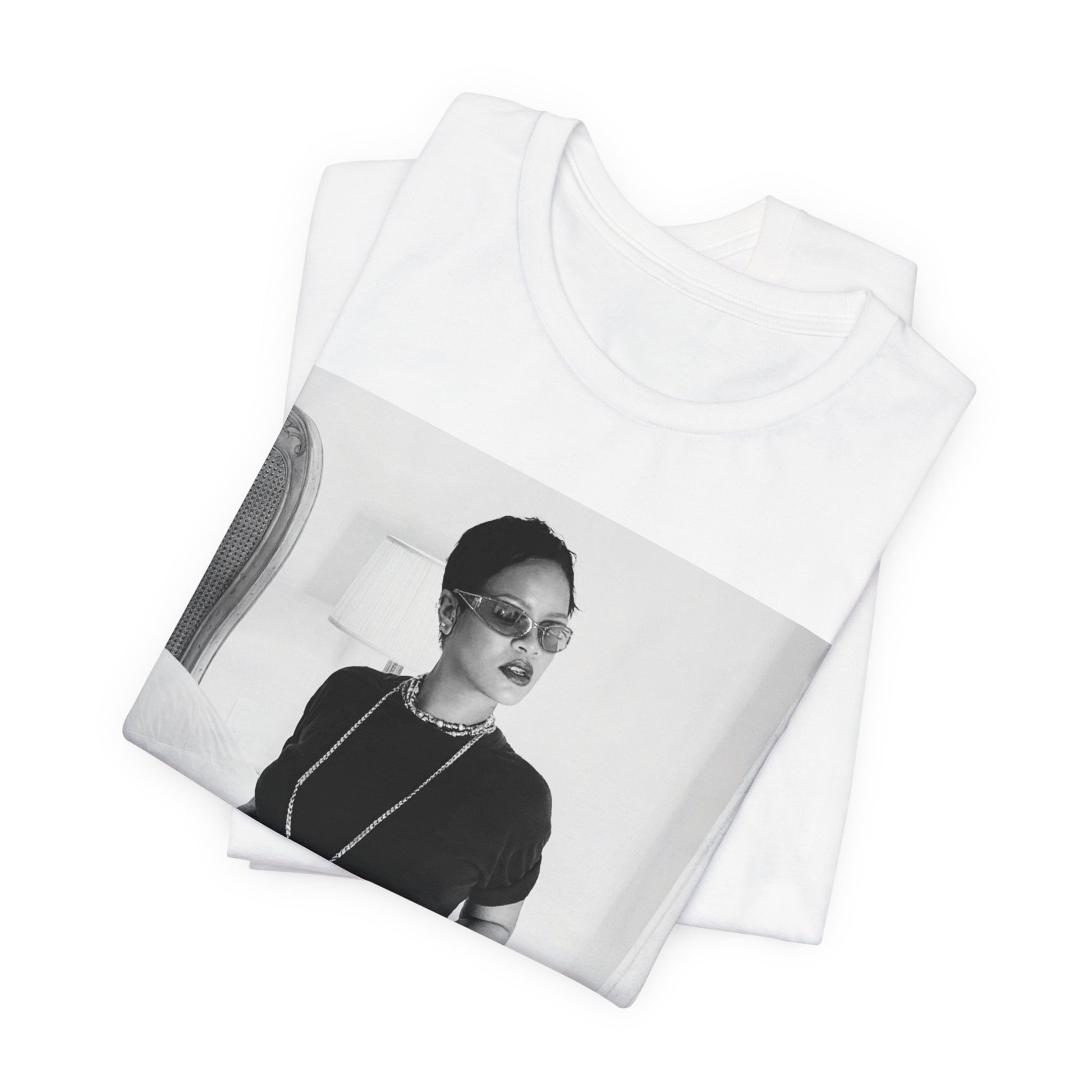 A black graphic t-shirt featuring a black and white graphic related to Rihanna's 'Diamonds' song or era.