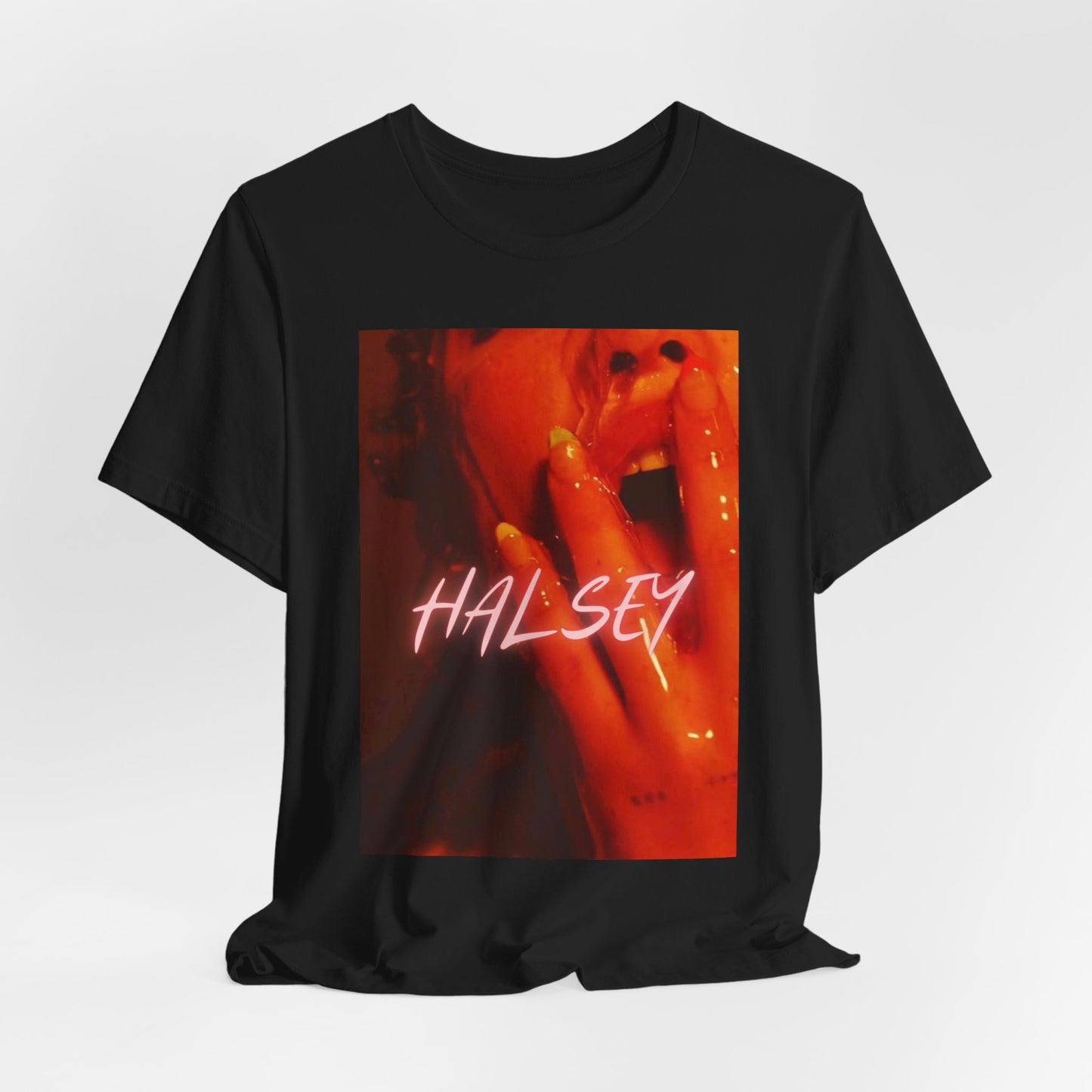 A black graphic t-shirt featuring a retro graphic related to Halsey's 'Without Me' song or era.