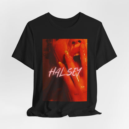 A black graphic t-shirt featuring a retro graphic related to Halsey's 'Without Me' song or era.
