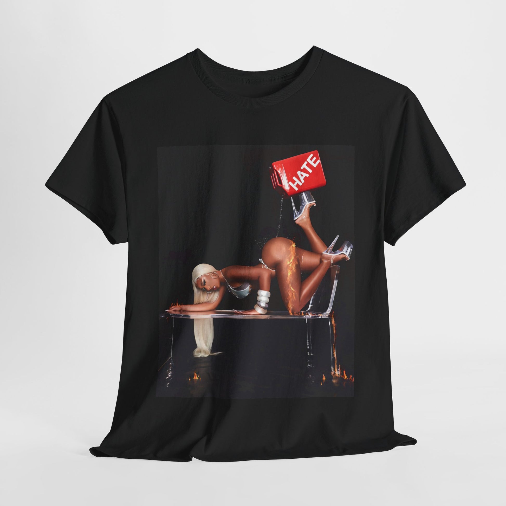 A black graphic t-shirt featuring a graphic related to Megan Thee Stallion's 'Pressurelicious' era.