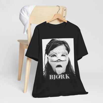 A black graphic t-shirt featuring a black and white portrait photo of Bjork.