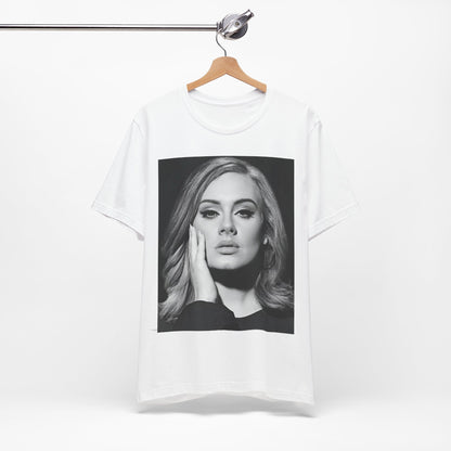 A black graphic t-shirt featuring a studio portrait of Adele from her '25' album era, showing a poised and thoughtful expression with her hair styled elegantly.