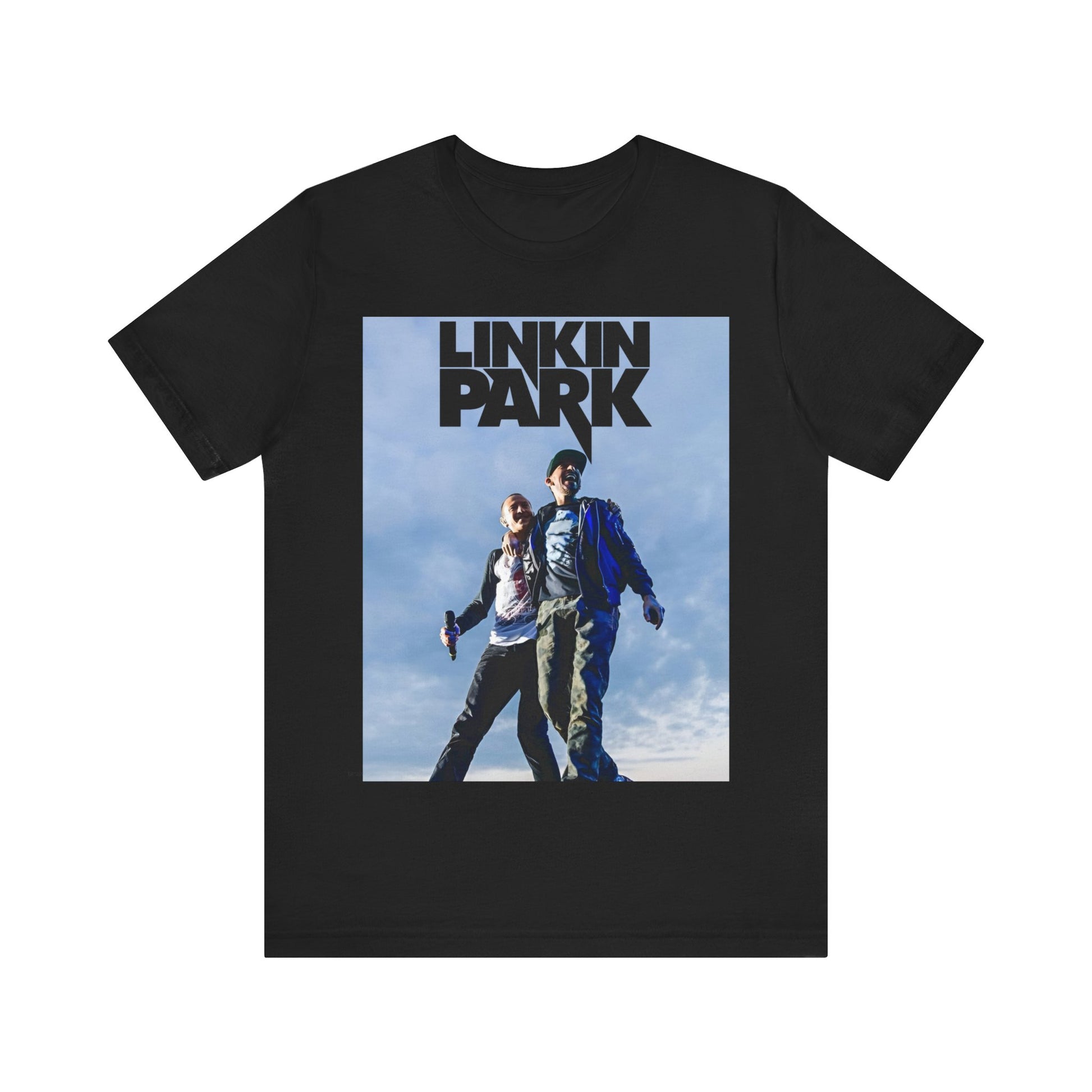 A black graphic t-shirt featuring a retro graphic related to Linkin Park's 'Hybrid Theory' album era.
