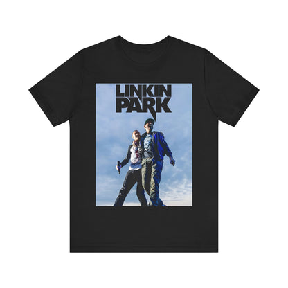 A black graphic t-shirt featuring a retro graphic related to Linkin Park's 'Hybrid Theory' album era.