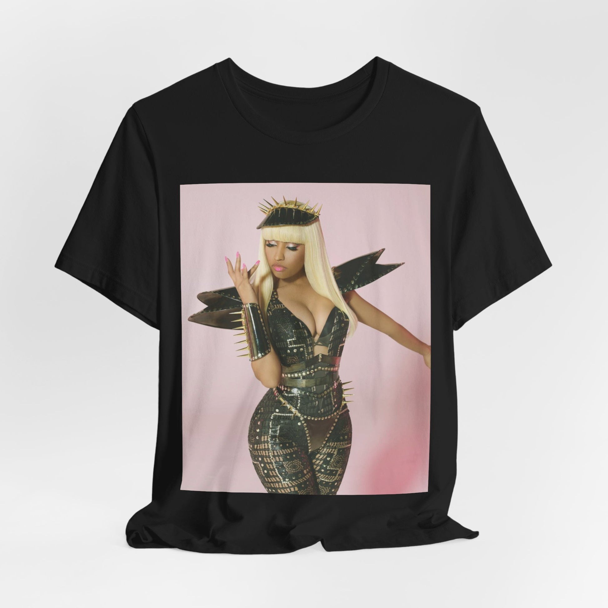 A black graphic t-shirt featuring a high fashion street vibe graphic of Nicki Minaj.