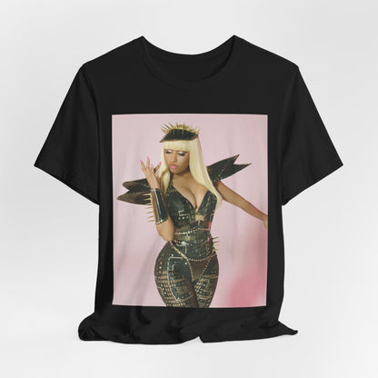 A black graphic t-shirt featuring a high fashion street vibe graphic of Nicki Minaj.