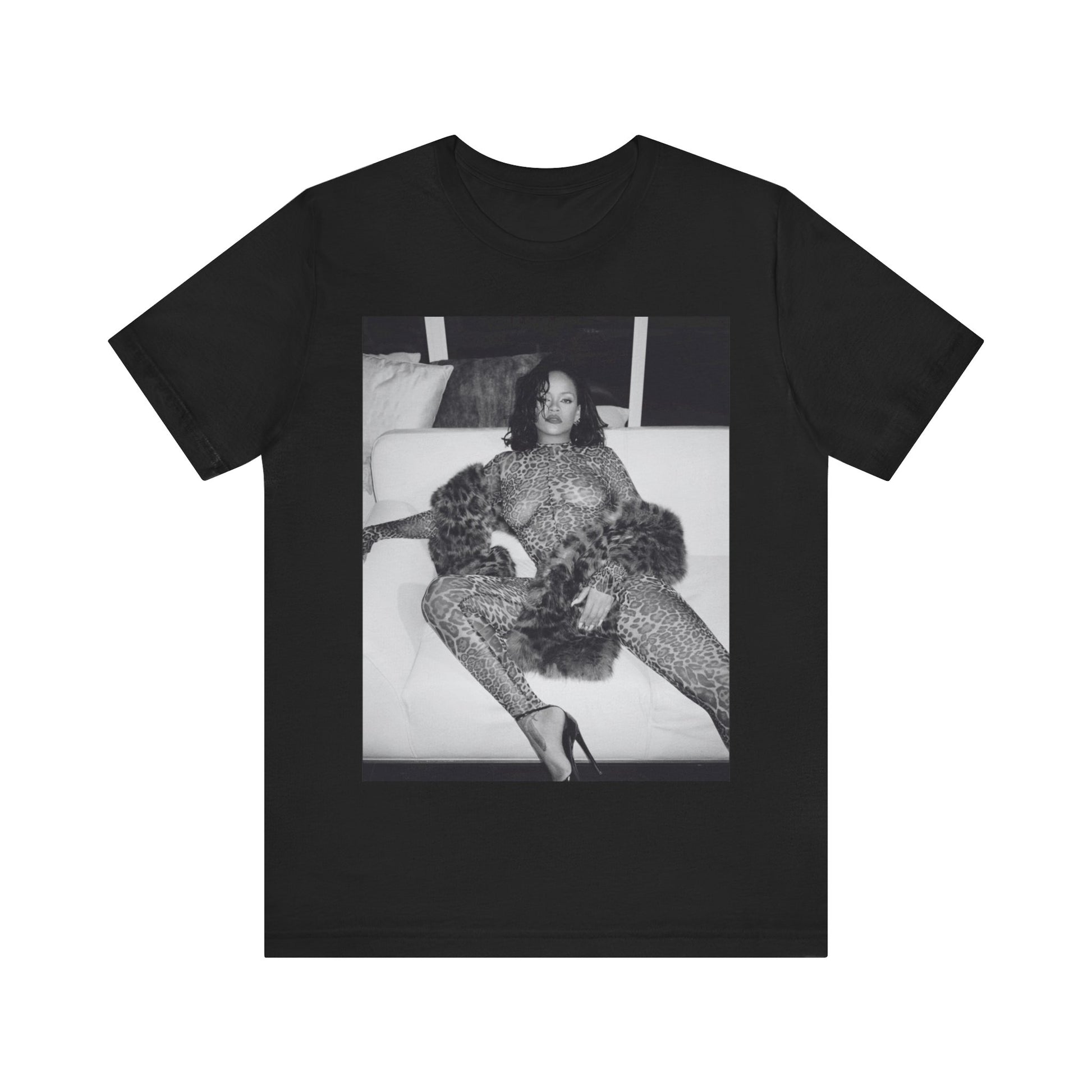 A black graphic t-shirt featuring a black and white, monochrome graphic or photo of Rihanna in a sexy pose.