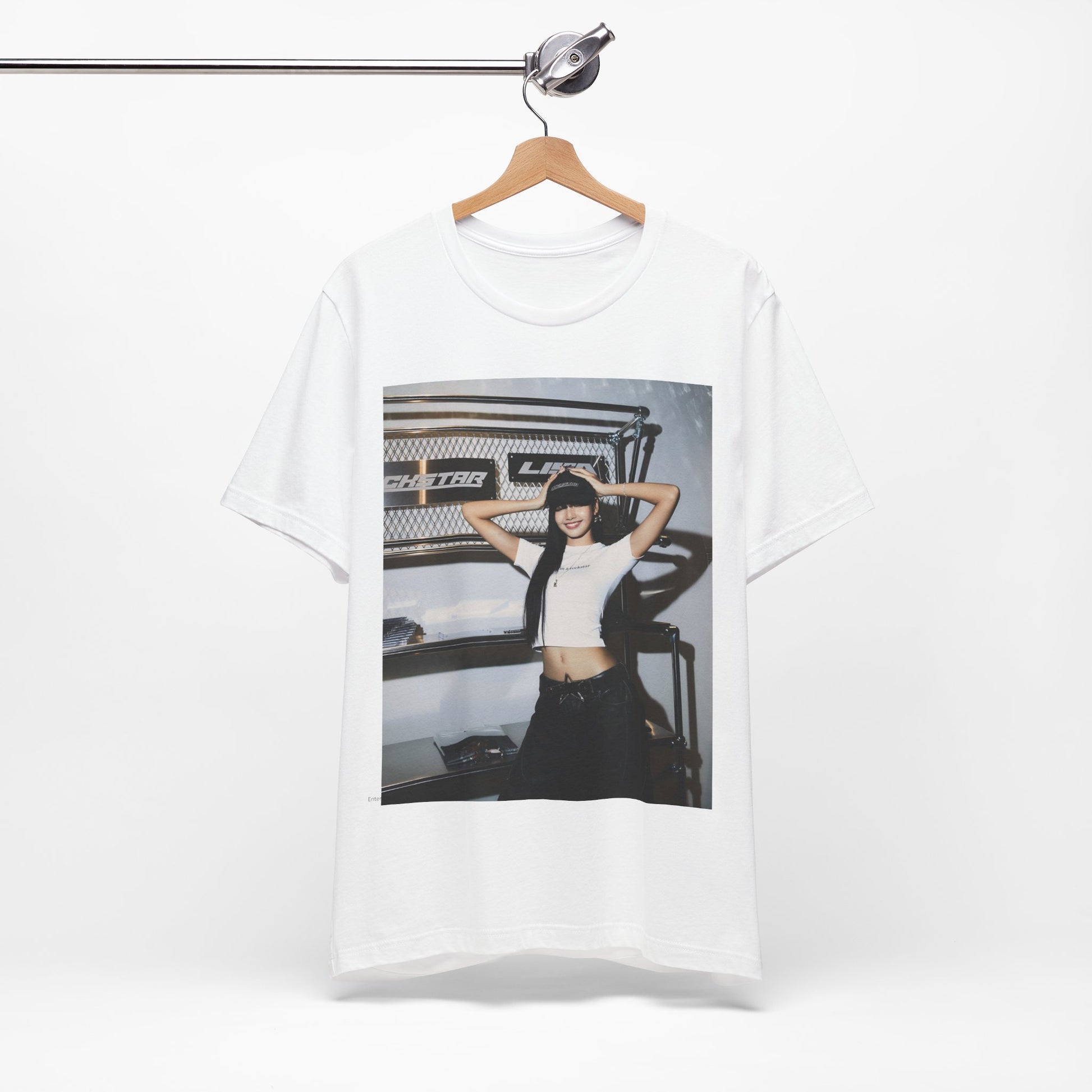 A black graphic t-shirt featuring a graphic of Lisa as a street K-Pop style queen.