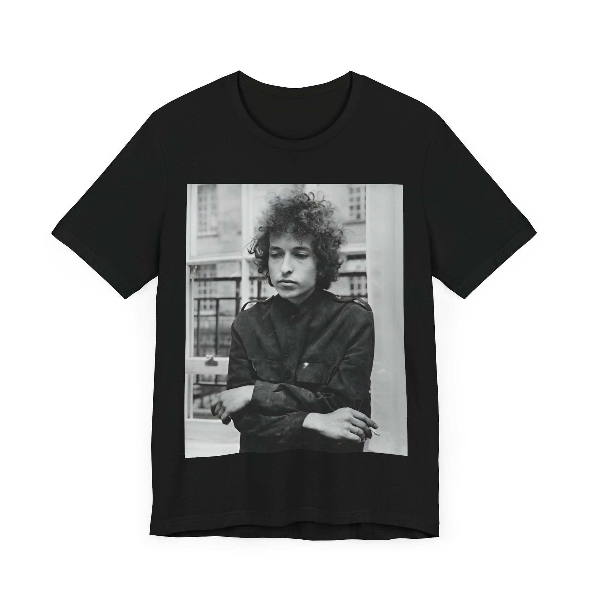 A black graphic t-shirt featuring a black and white graphic of Bob Dylan from the folk revival era.