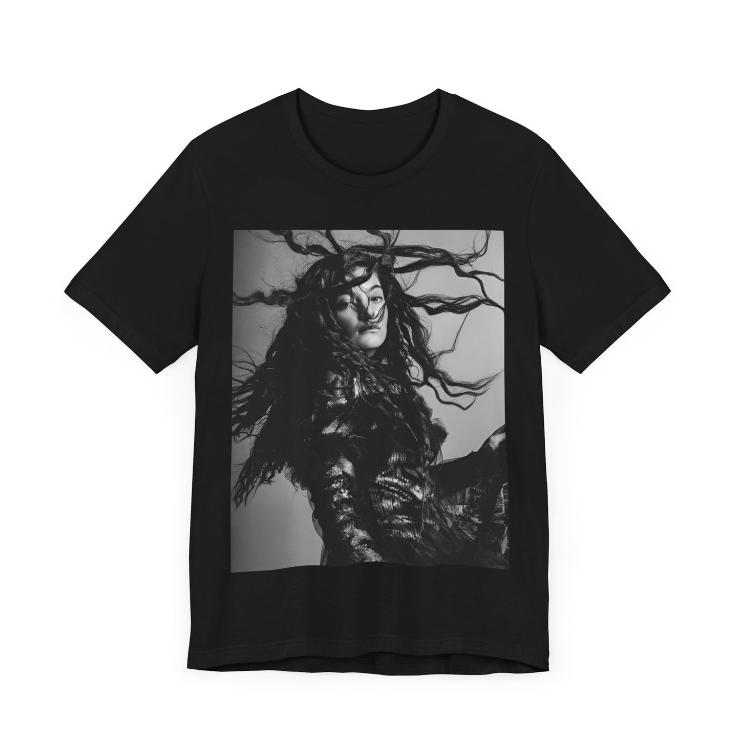 A black graphic t-shirt featuring a black and white retro photo or graphic of Lorde.