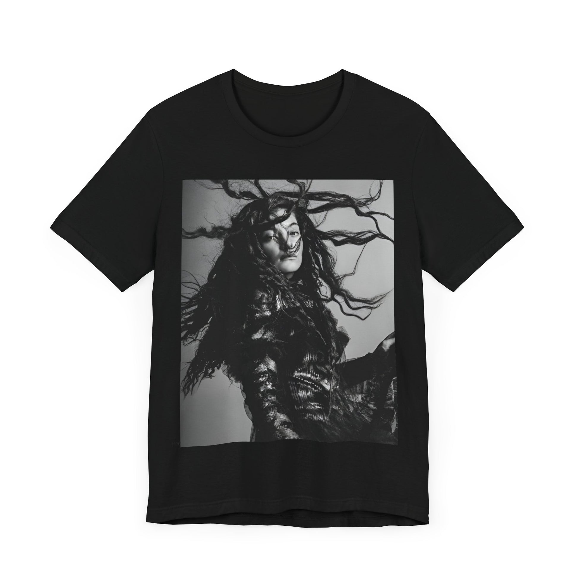A black graphic t-shirt featuring a black and white retro photo or graphic of Lorde.