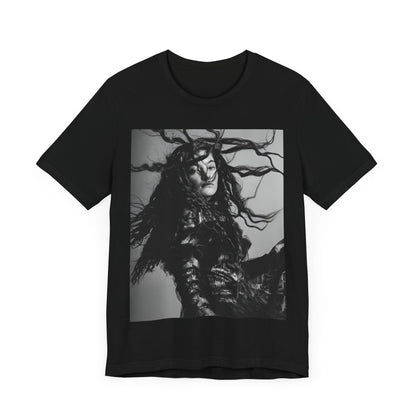 A black graphic t-shirt featuring a black and white retro photo or graphic of Lorde.