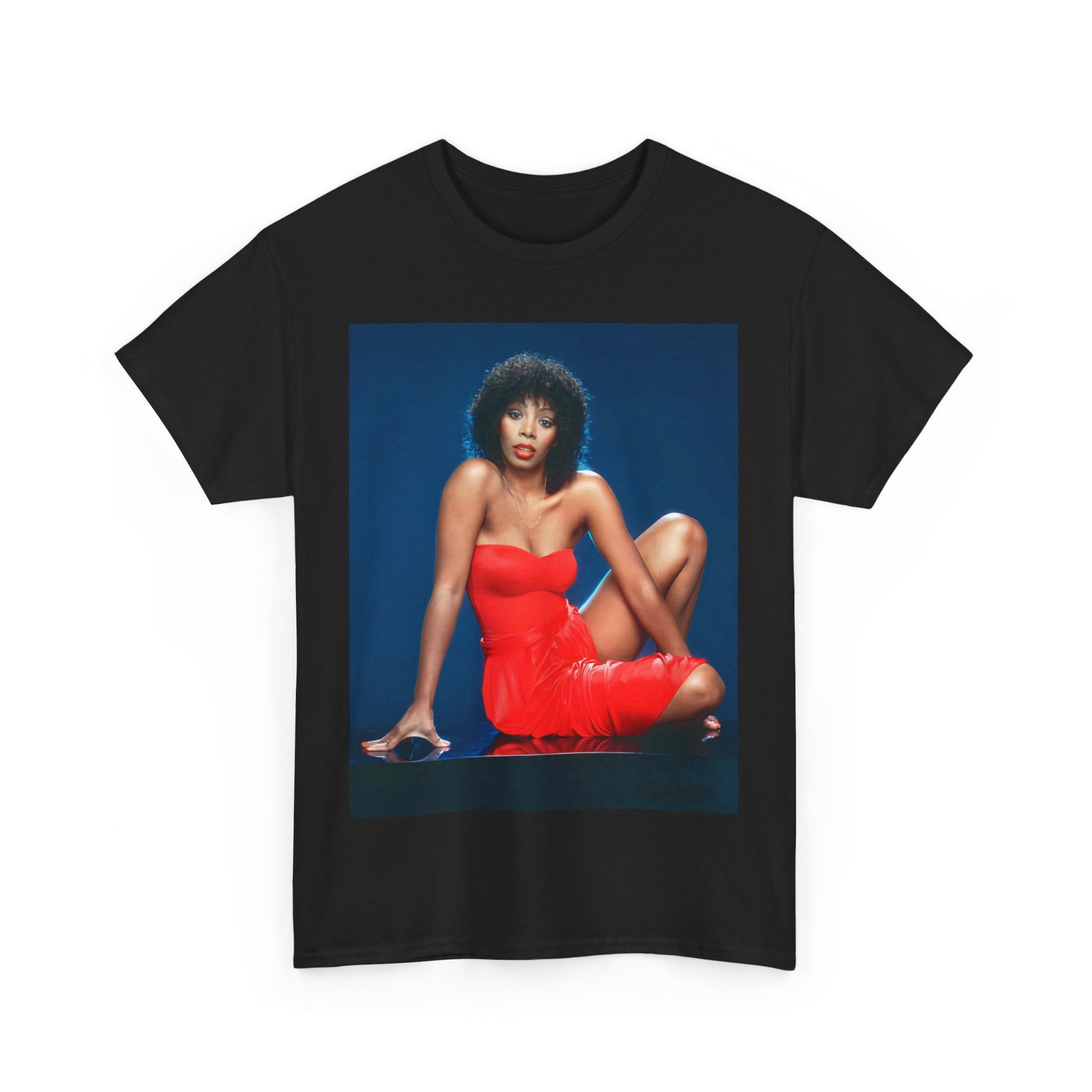 A black graphic t-shirt featuring a graphic of Donna Summer, designed in a Studio 54 style.