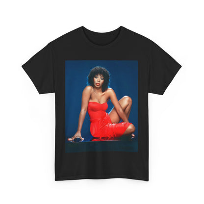 A black graphic t-shirt featuring a graphic of Donna Summer, designed in a Studio 54 style.