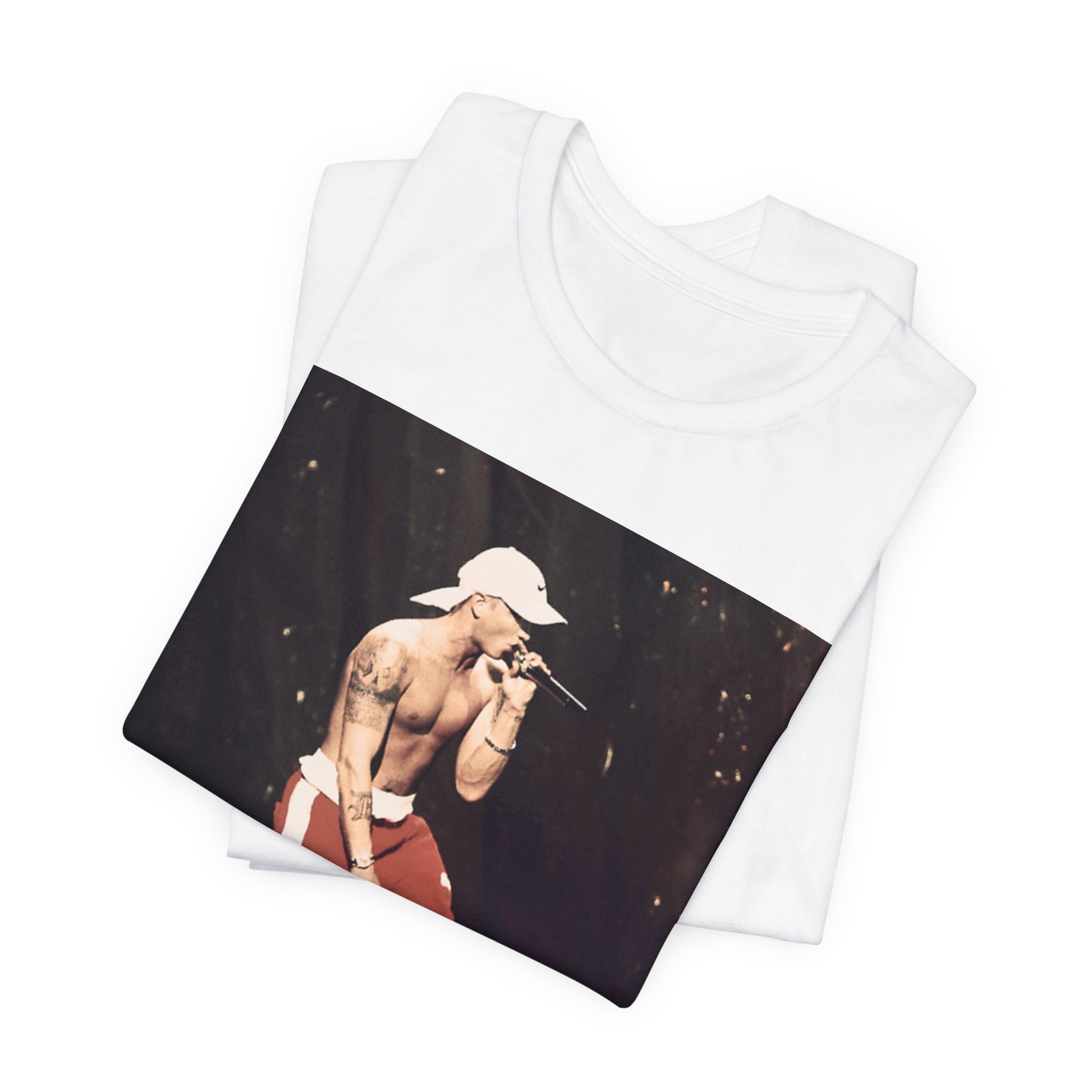 A black graphic t-shirt featuring a graphic inspired by Eminem's film '8 Mile'.