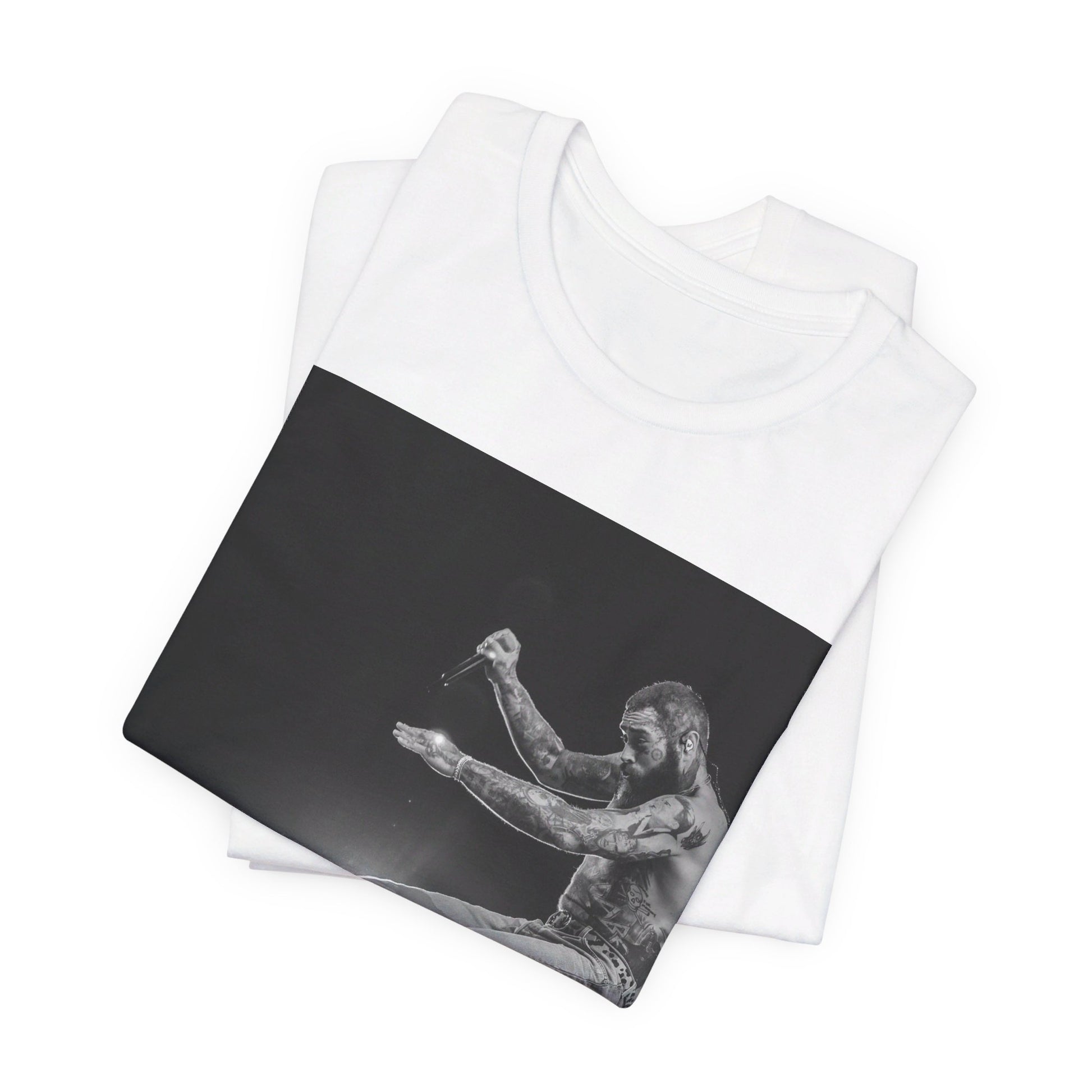 A black graphic t-shirt featuring a vintage graphic or photo of Post Malone performing live.