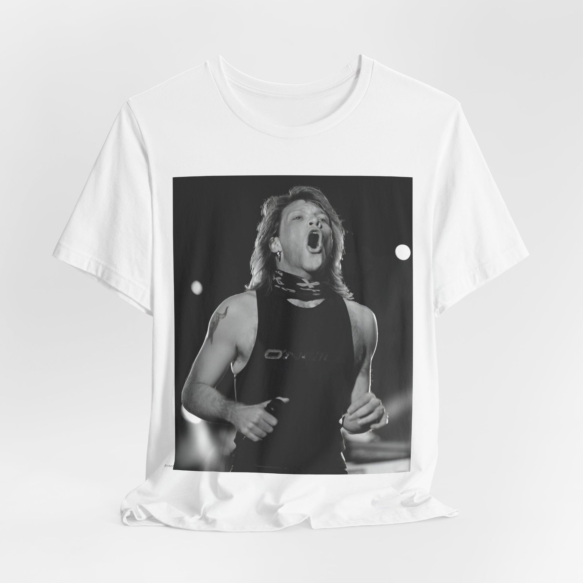 A black graphic t-shirt featuring a black and white iconic graphic or photo of Bon Jovi as superstars.