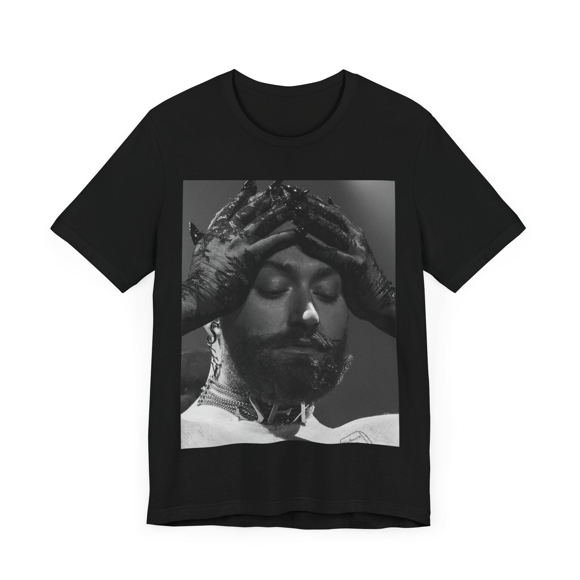 A black graphic t-shirt featuring a black and white graphic or photo of Sam Smith performing live on stage.