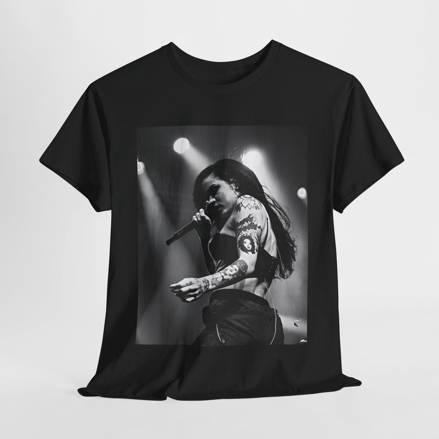 A black graphic t-shirt featuring a glamorous graphic or photo of Kehlani performing on stage.